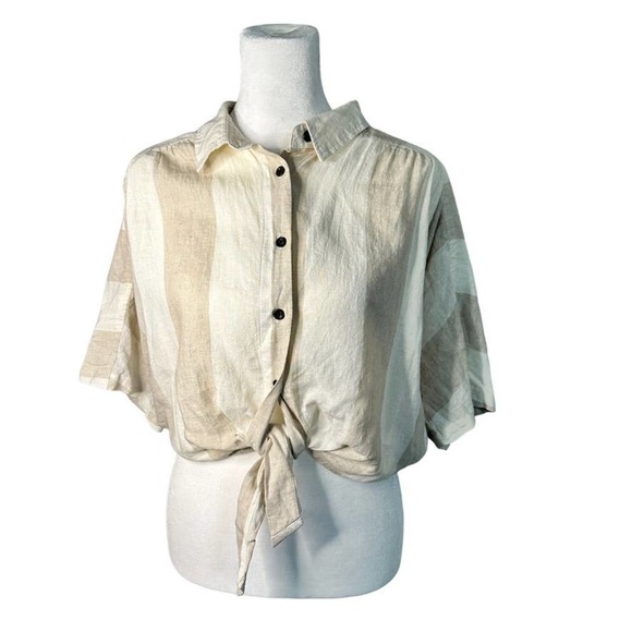 Urban Outfitters BDG Neutral Linen Blend Cropped Tie Front Button Down S - Picture 1 of 8
